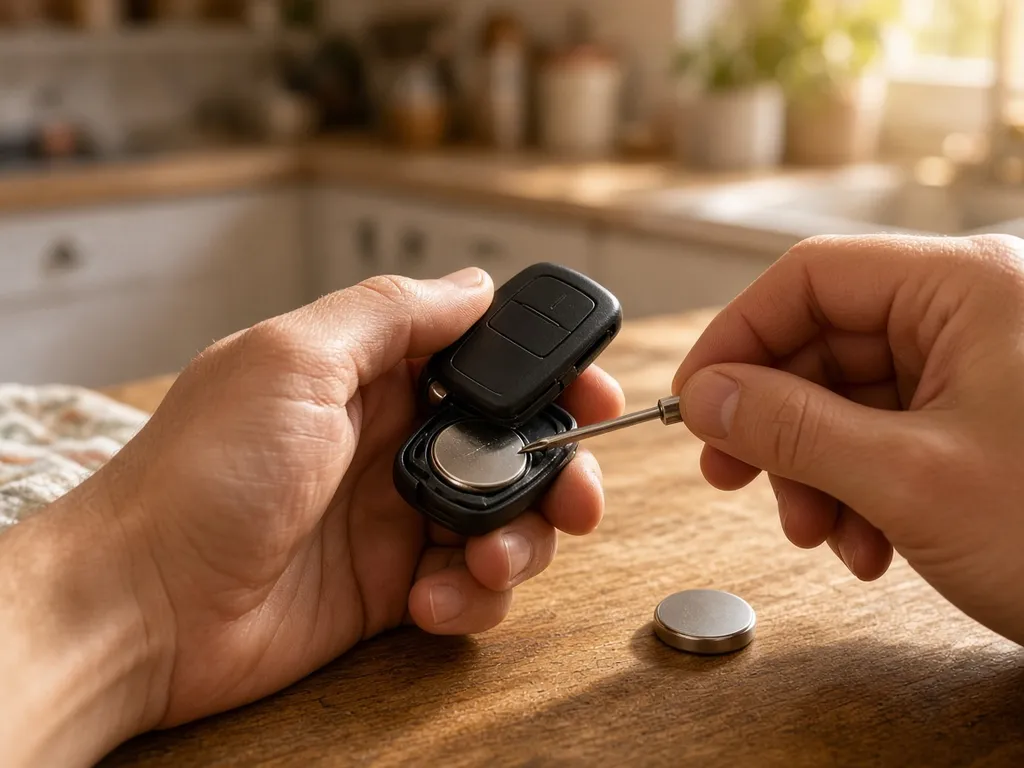 Hands open a car key fob on a kitchen counter with a small screwdriver, showing the coin cell inside, a new coin cell beside it (AI-generated image)