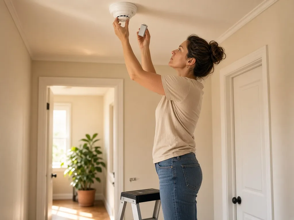 A woman reaches up to a white ceiling smoke alarm in a bright hallway, holding a fresh 9V battery (AI-generated image)